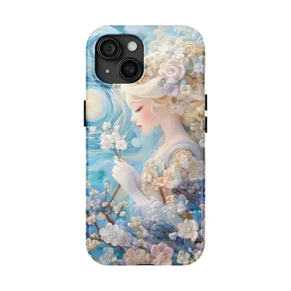 Blonde Girl Cherry Blossoms Swirling Blue Sky