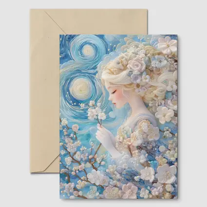 Blonde Girl Cherry Blossoms Swirling Blue Sky