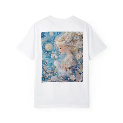 Blonde Girl Cherry Blossoms Swirling Blue Sky
