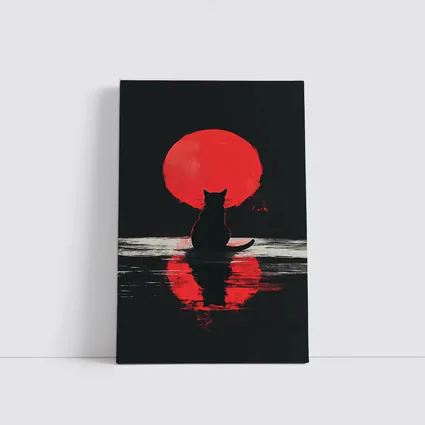 Black Cat Silhouette Red Moon Night