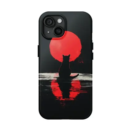 Black Cat Silhouette Red Moon Night