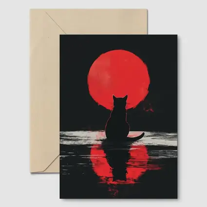 Black Cat Silhouette Red Moon Night