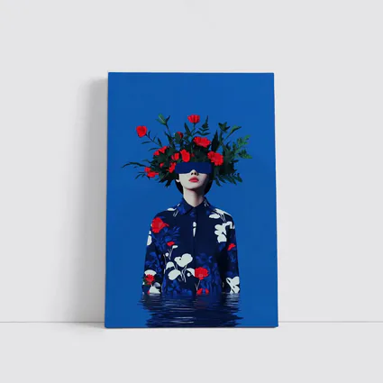 Woman With Red Flowers Blue Surreal Art