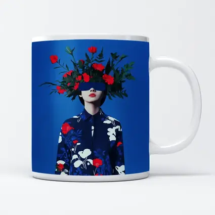 Woman With Red Flowers Blue Surreal Art