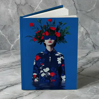 Woman With Red Flowers Blue Surreal Art