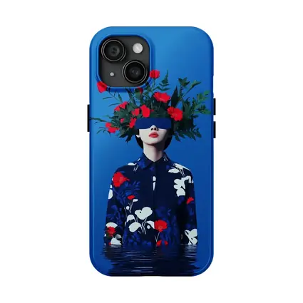 Woman With Red Flowers Blue Surreal Art