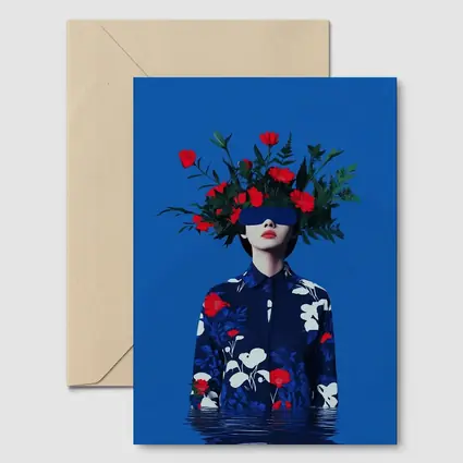 Woman With Red Flowers Blue Surreal Art