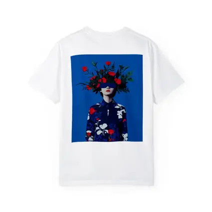 Woman With Red Flowers Blue Surreal Art