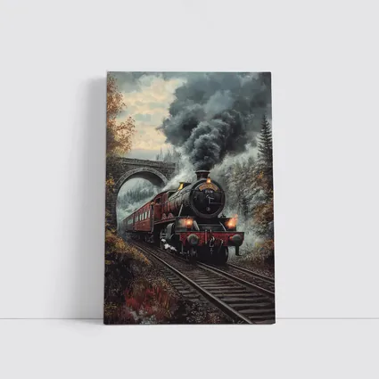 Red Steam Locomotive Train Through Autumn Forest