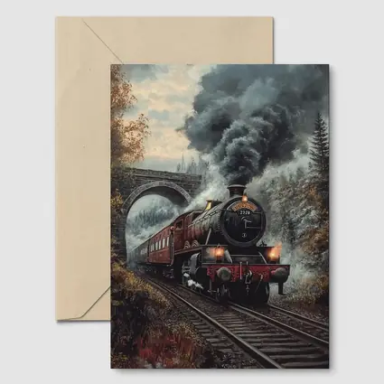 Red Steam Locomotive Train Through Autumn Forest