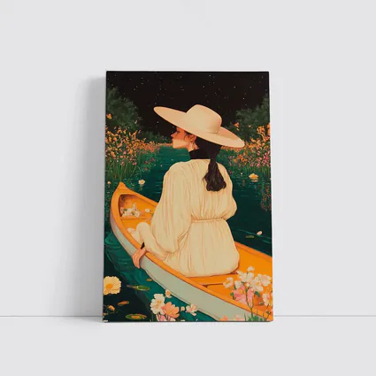Woman in Hat on Boat Floral Night