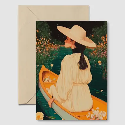 Woman in Hat on Boat Floral Night