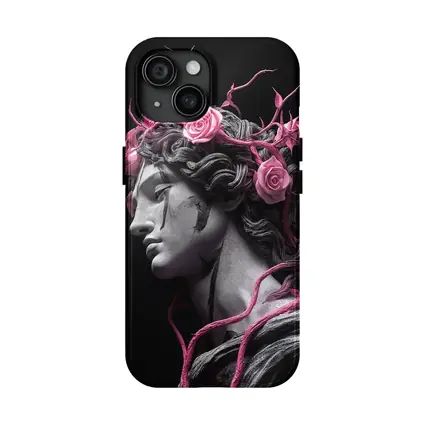 Greek Statue Pink Roses Dark Background