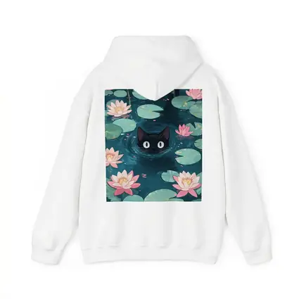Black Cat Swimming Among Pink Water Lilies