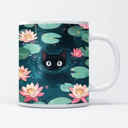Black Cat Swimming Among Pink Water Lilies