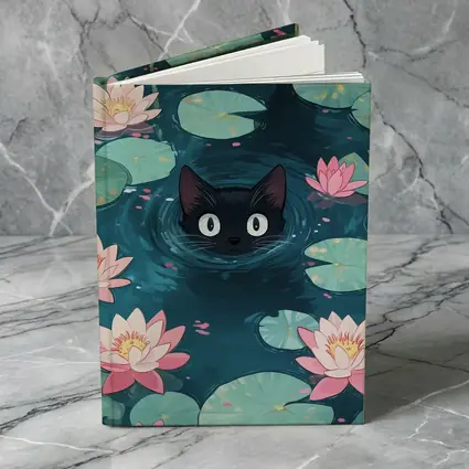 Black Cat Swimming Among Pink Water Lilies