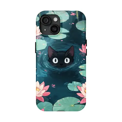 Black Cat Swimming Among Pink Water Lilies