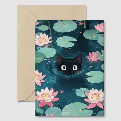 Black Cat Swimming Among Pink Water Lilies