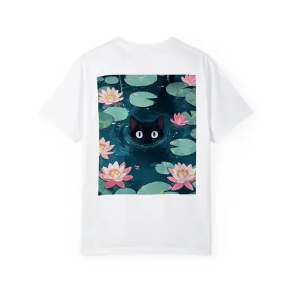 Black Cat Swimming Among Pink Water Lilies