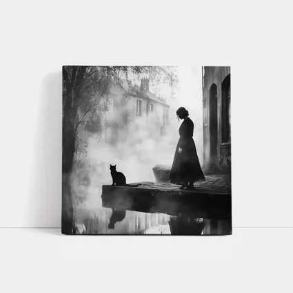 Woman and Black Cat Misty Street Scene