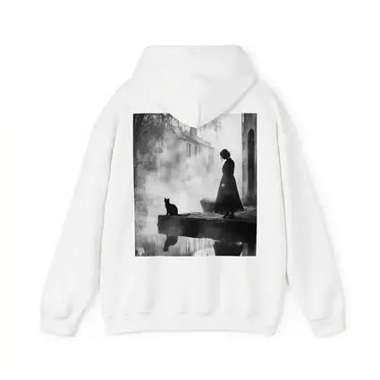 Woman and Black Cat Misty Street Scene