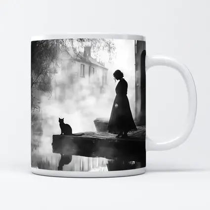 Woman and Black Cat Misty Street Scene