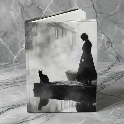Woman and Black Cat Misty Street Scene