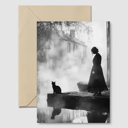 Woman and Black Cat Misty Street Scene