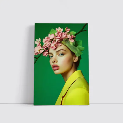 Woman Pink Blossom Crown Yellow Jacket Green
