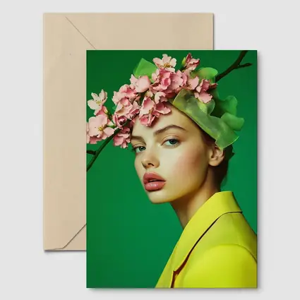 Woman Pink Blossom Crown Yellow Jacket Green