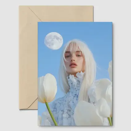 White Tulips Woman Moon Blue Sky