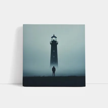 Lone Figure Standing Before Foggy Lighthouse