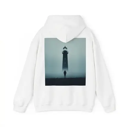 Lone Figure Standing Before Foggy Lighthouse