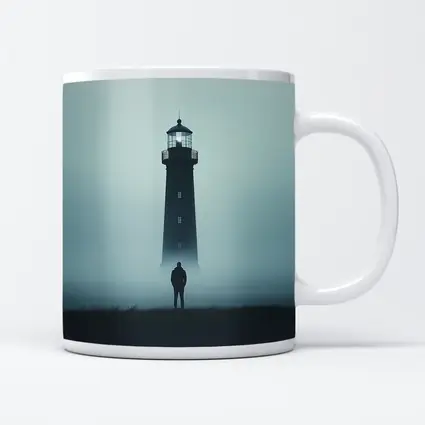 Lone Figure Standing Before Foggy Lighthouse
