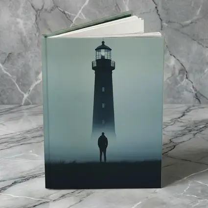 Lone Figure Standing Before Foggy Lighthouse