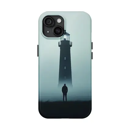 Lone Figure Standing Before Foggy Lighthouse