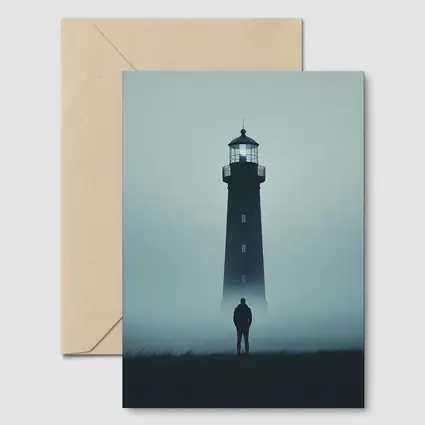 Lone Figure Standing Before Foggy Lighthouse