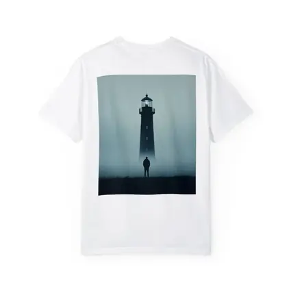 Lone Figure Standing Before Foggy Lighthouse