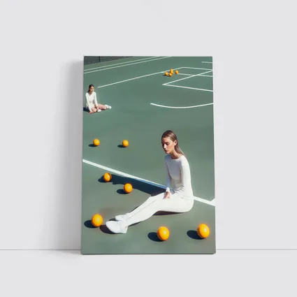 Woman Sitting On Green Tennis Court