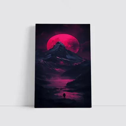 Lone Figure Red Moon Dark Mountain Landscape