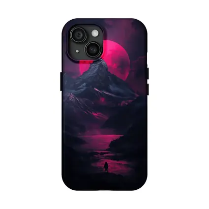 Lone Figure Red Moon Dark Mountain Landscape