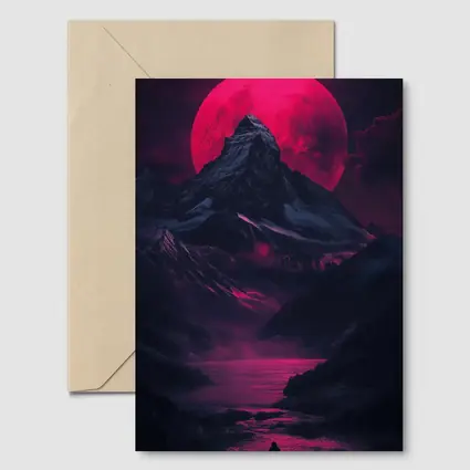 Lone Figure Red Moon Dark Mountain Landscape