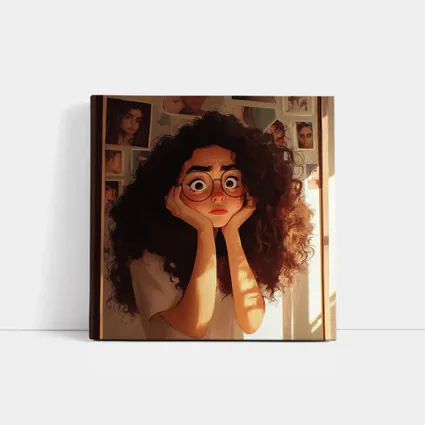 Worried Curly Girl Cartoon Illustration Warm Room