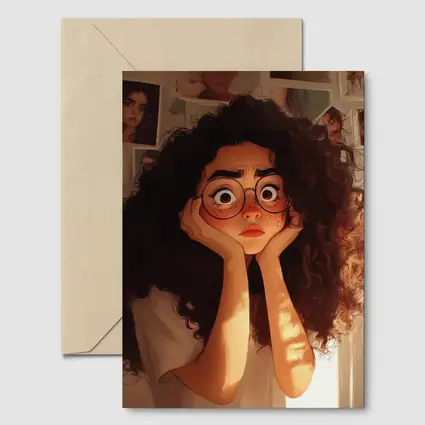 Worried Curly Girl Cartoon Illustration Warm Room