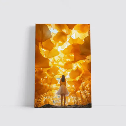Girl Standing Among Golden Ginkgo Leaves