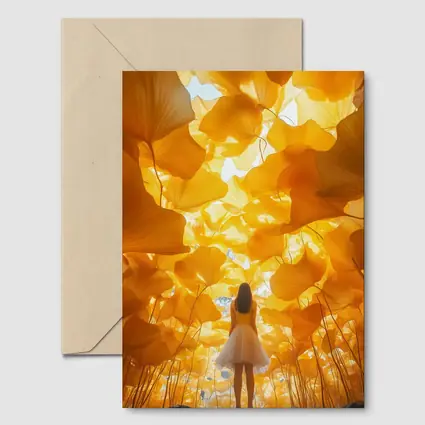 Girl Standing Among Golden Ginkgo Leaves