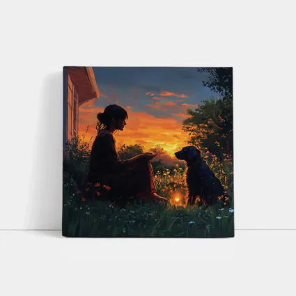 Woman and Dog at Fiery Sunset Garden