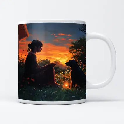 Woman and Dog at Fiery Sunset Garden