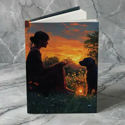 Woman and Dog at Fiery Sunset Garden