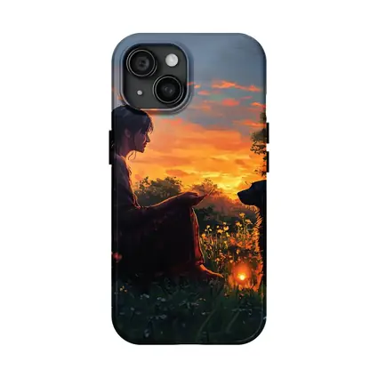 Woman and Dog at Fiery Sunset Garden